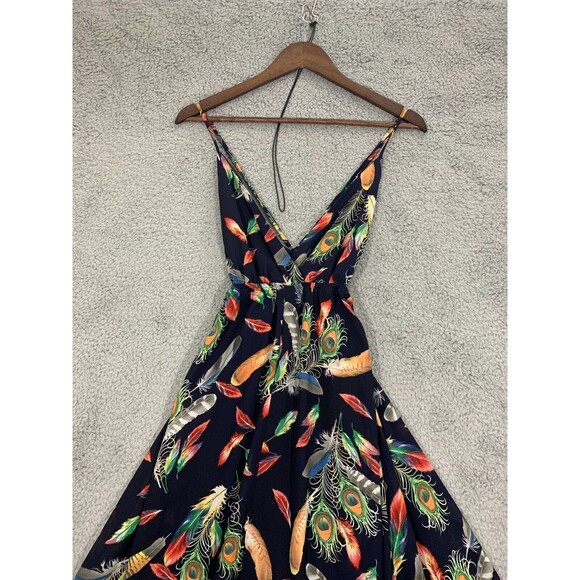 I Joah (S) Blue Colorful Feather Print Lined Adjustable Spaghetti Strap Dress - Picture 2 of 12